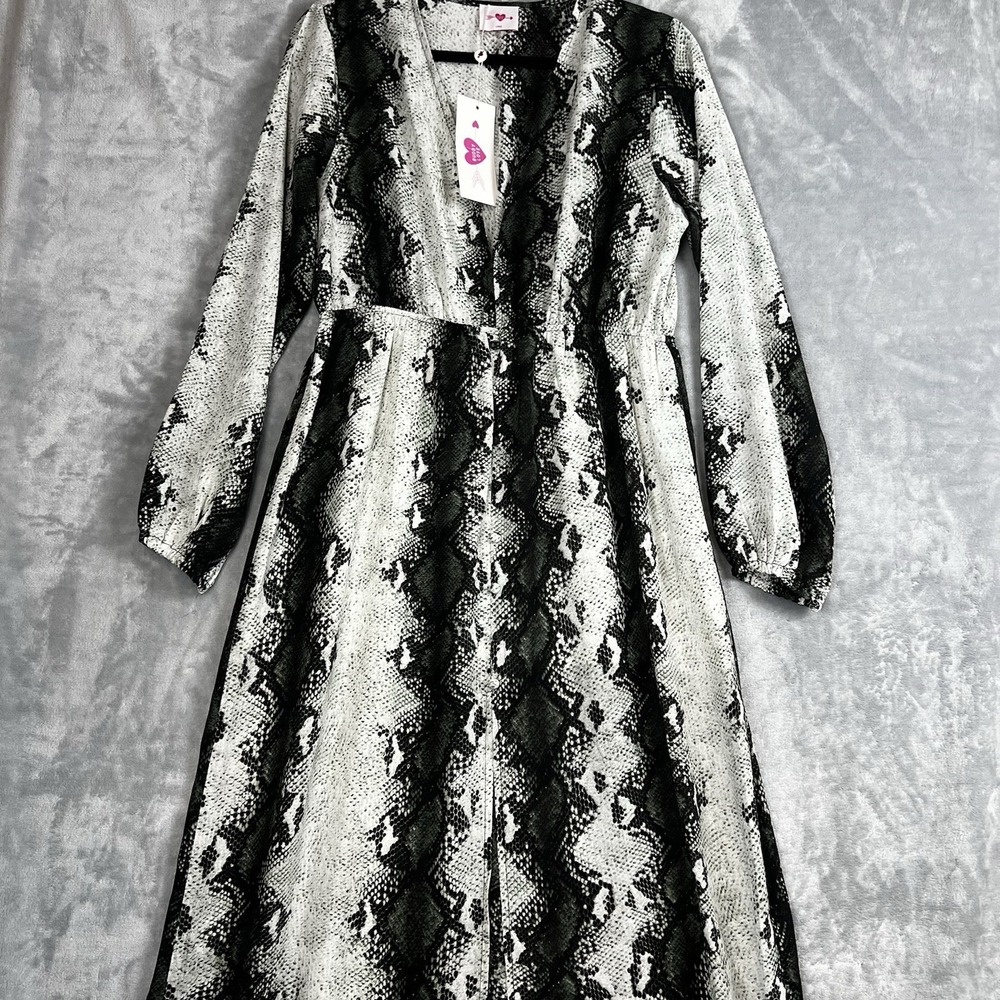 Buddy Love Snakeskin Print Maxi Dress Grey Black V-Neck Long Sleeve Slit Large - Picture 2 of 16